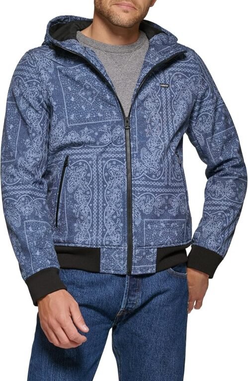 Levi's Men's Hooded Water Resistant Softshell Bomber Jacket Faded Blue Bandana