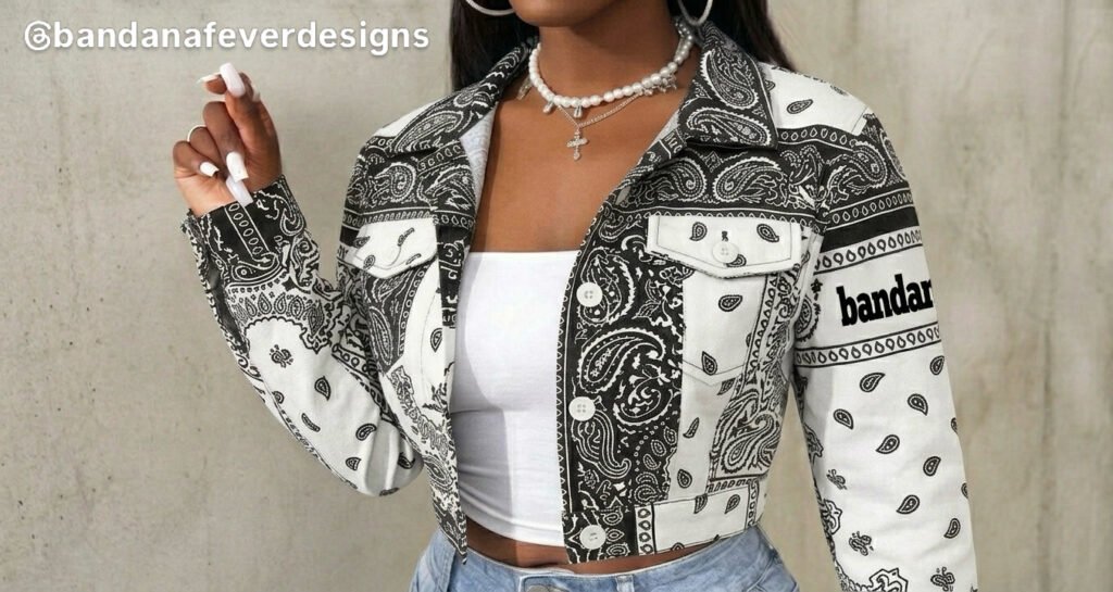 Bandana x Denim Crop Top Jacket Black White Bandana